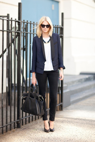 Navy Blazer And Eye-Catching Necklace with leggings