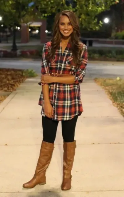 Leggings + Plaid Dress + Boots