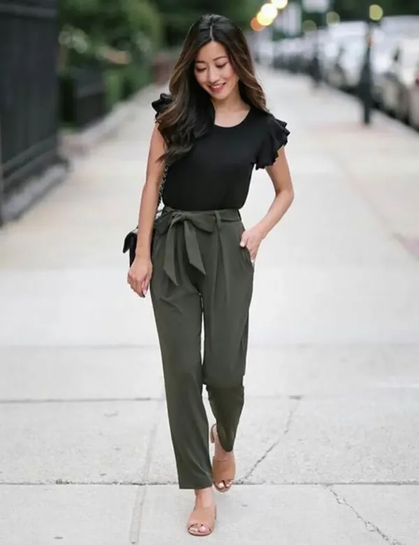 High Waisted Green Pants and Ruffled Top