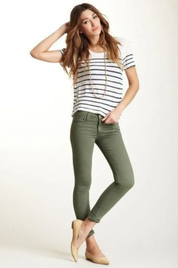 Olive Green Denim With Stripes T-Shir