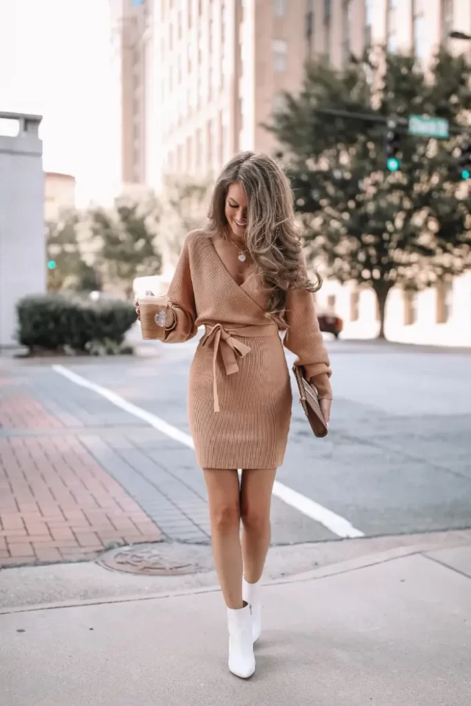 White Ankle Booties + Sweater Dress